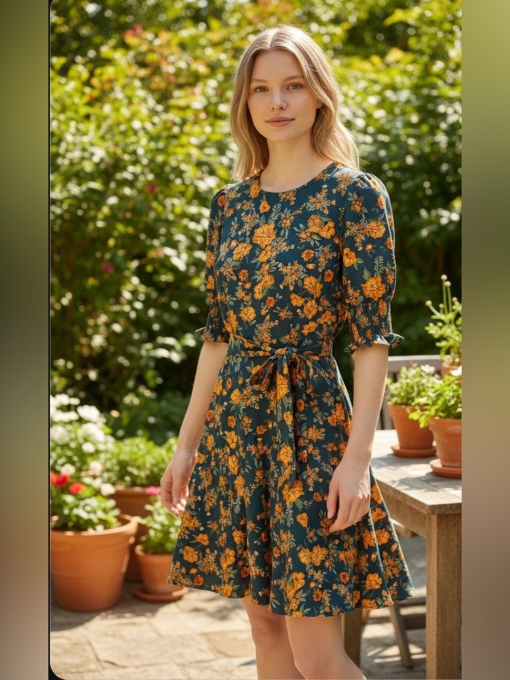 Baltic Born Floral Wrap Tie Ruffle Short Dress Smock Sleeve Teal Orange Size L